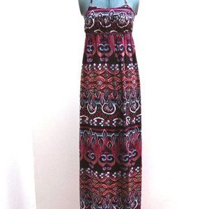 Summer Tie Halter Dress Maroon Floral 100% Soft Rayon Stretch Knit Size S